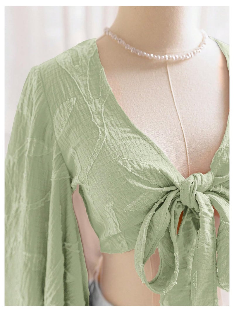 BEAUDRM Women's Boho Tops Wrap Western Country Concert 70s Outfits Tie Front Long Bell Sleeve Tops Hippie Disco Clothes Olive Green Medium - Image 5