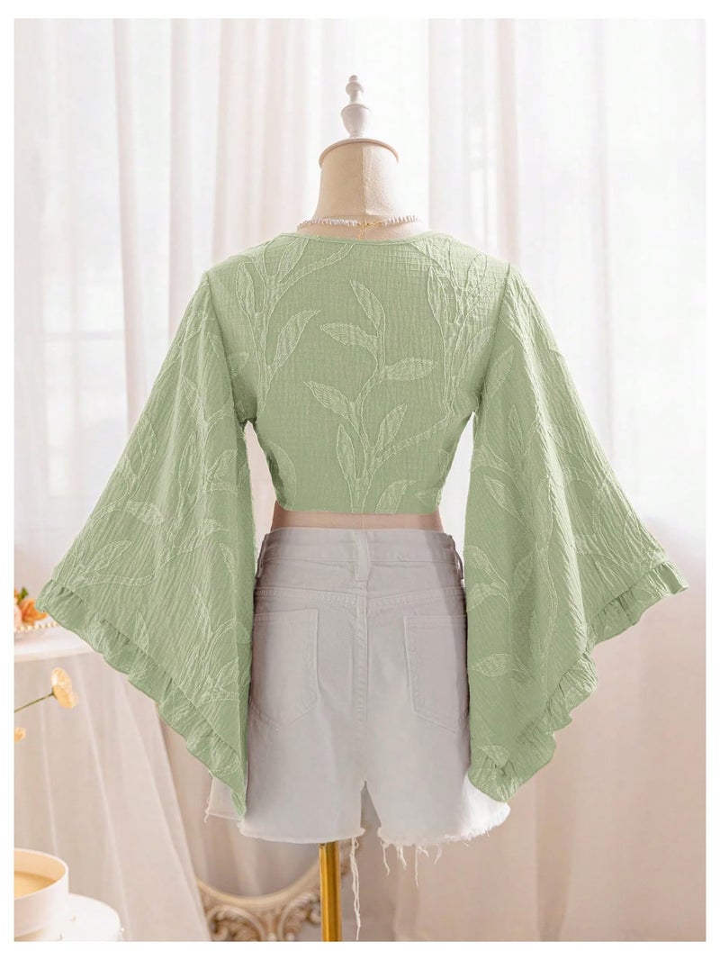 BEAUDRM Women's Boho Tops Wrap Western Country Concert 70s Outfits Tie Front Long Bell Sleeve Tops Hippie Disco Clothes Olive Green Medium - Image 3