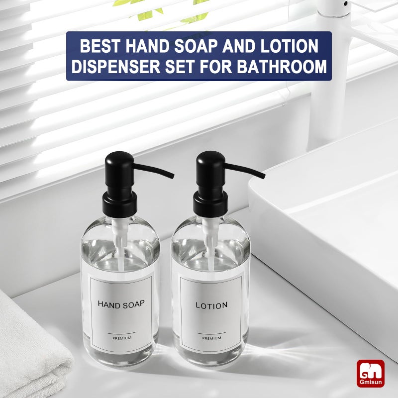 GMISUN Glass Soap Dispenser with Pump, 2 Pack Clear Bathroom Hand Soap Dispenser with Stainless Steel Pump, 16 Oz Refillable Kitchen Hand and Dish Soap Dispensers Set, Modern Liquid Pump Bottles - Image 5