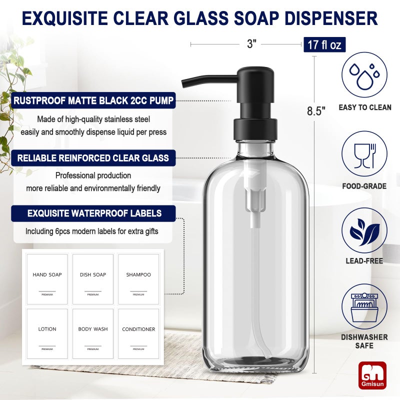 GMISUN Glass Soap Dispenser with Pump, 2 Pack Clear Bathroom Hand Soap Dispenser with Stainless Steel Pump, 16 Oz Refillable Kitchen Hand and Dish Soap Dispensers Set, Modern Liquid Pump Bottles - Image 3