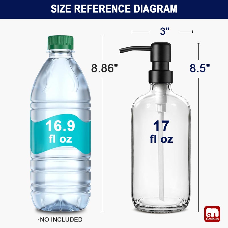 GMISUN Glass Soap Dispenser with Pump, 2 Pack Clear Bathroom Hand Soap Dispenser with Stainless Steel Pump, 16 Oz Refillable Kitchen Hand and Dish Soap Dispensers Set, Modern Liquid Pump Bottles - Image 2