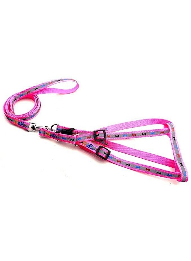 Adjustable 15 Mm Reflectd & Printed Nylon Harness & Leash Set For Small Dogs & Puppies (Pink)