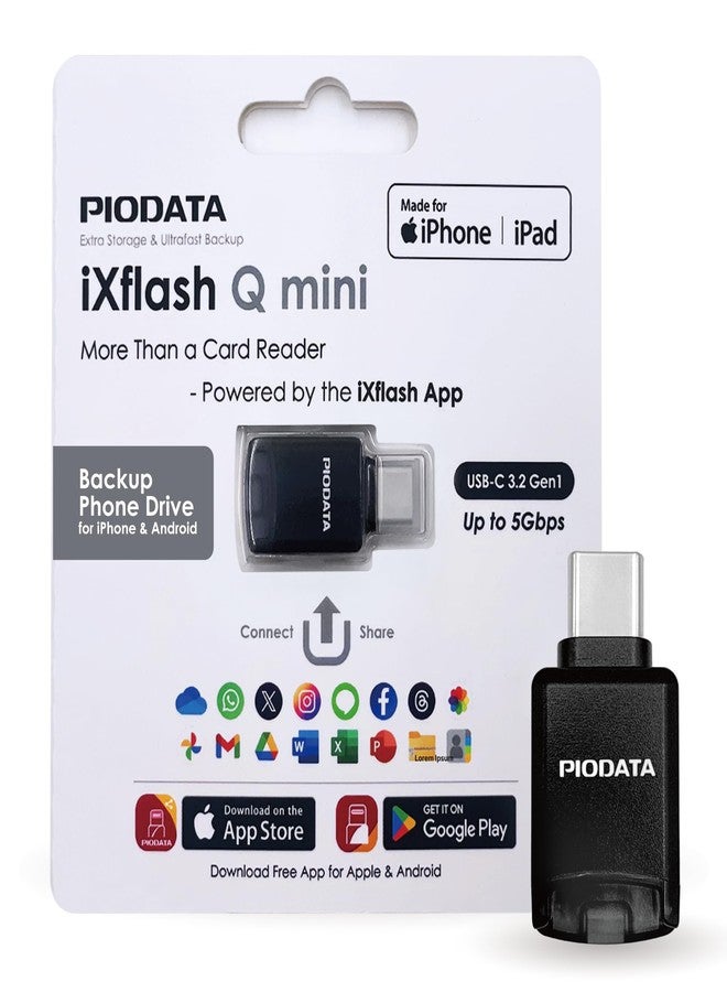 Piodata Phone Memory Card Reader: Micro SD USB-C Drive for iPhone and Android, Auto Photo & Video Backup, iXflash Q mini Apple MFi Portable Flash Storage with Free App and MicroSD Slot Adaptor Black - Image 1
