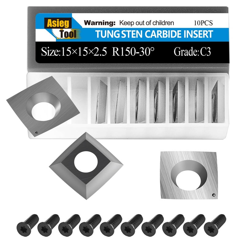 Asieg Tool 15mm Square Tungsten Carbide Replacement Cutter Inserts Knives 15 x 15 x 2.5mm-4 Edges with 6" Face Radius fit for Woodworking Helical Planer Head and CNC or DIY Wood Lathe Turning Rougher Tools 10pcs - Image 1