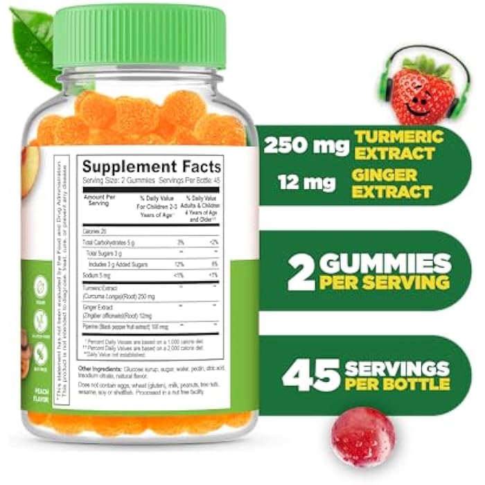 Lifeable Turmeric Curcumin and Ginger for Kids – with Black Pepper Extract – Great Tasting Natural Flavor Gummy Supplement – Gluten Free Vegetarian Chewable – 90 Gummies - Image 2