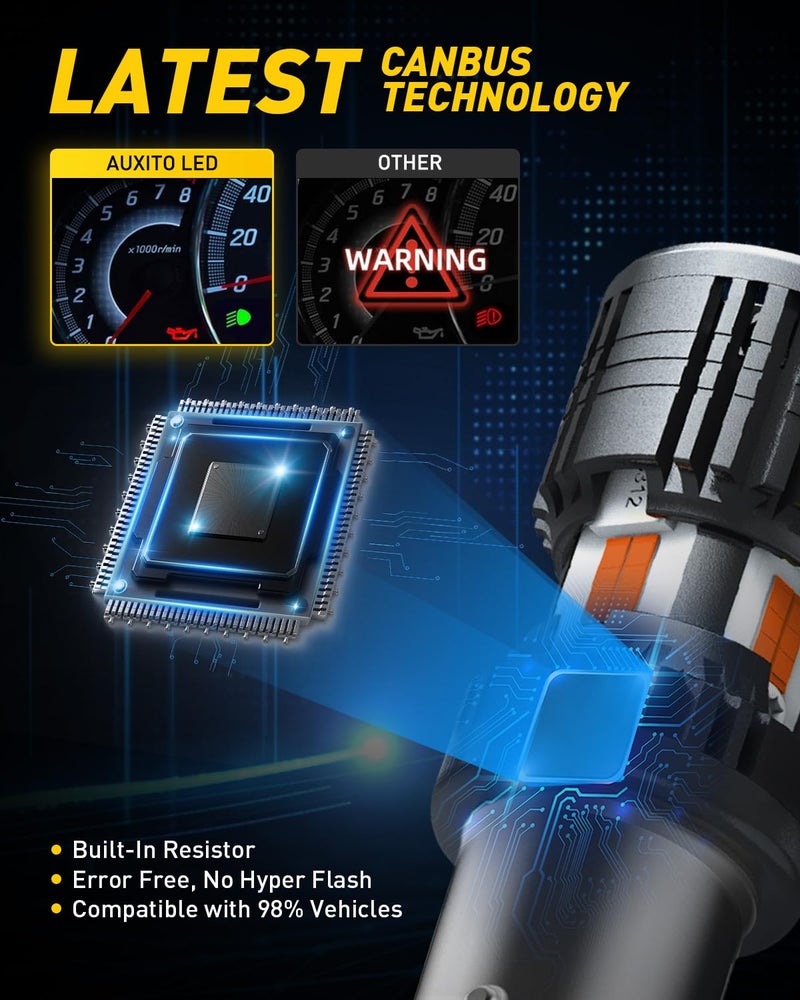 AUXITO CANBUS 1157 LED Bulbs Amber Yellow with Built-in Resistor 2057 2357 7528 BAY15D P21/5W Anti Hyper Flash Error Free Front Rear Turn Signal Lights Blinker Marker DRL Parking Lights, Pack of 2 - Image 2