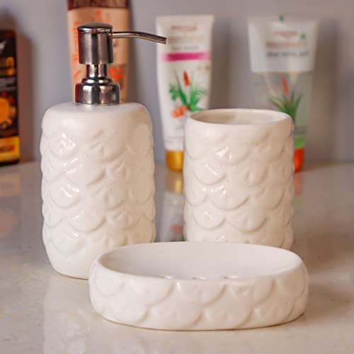 Kaolinite Ceramic Bathroom Accessories Set for Utility and Bathroom Decor | Liquid Soap Dispenser, soap Tray, Toothbrush Holder 3D Design (White) - Image 1