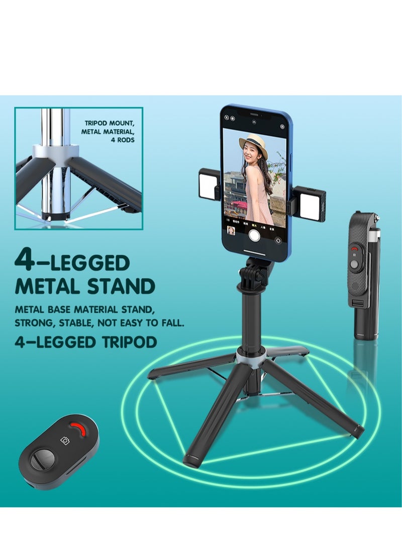 حامل ثلاثي القوائم لعصا سيلفي بتقنية البلوتوث مع مصباحين للتعبئة، وحامل كاميرا قابل للتمدد والطي بطول متر واحد، وزاوية قابلة للتعديل 180 درجة وقاعدة ثابتة بأربعة أرجل لمدونات الفيديو والصور الشخصية والبث المباشر باللون الأسود - Image 3