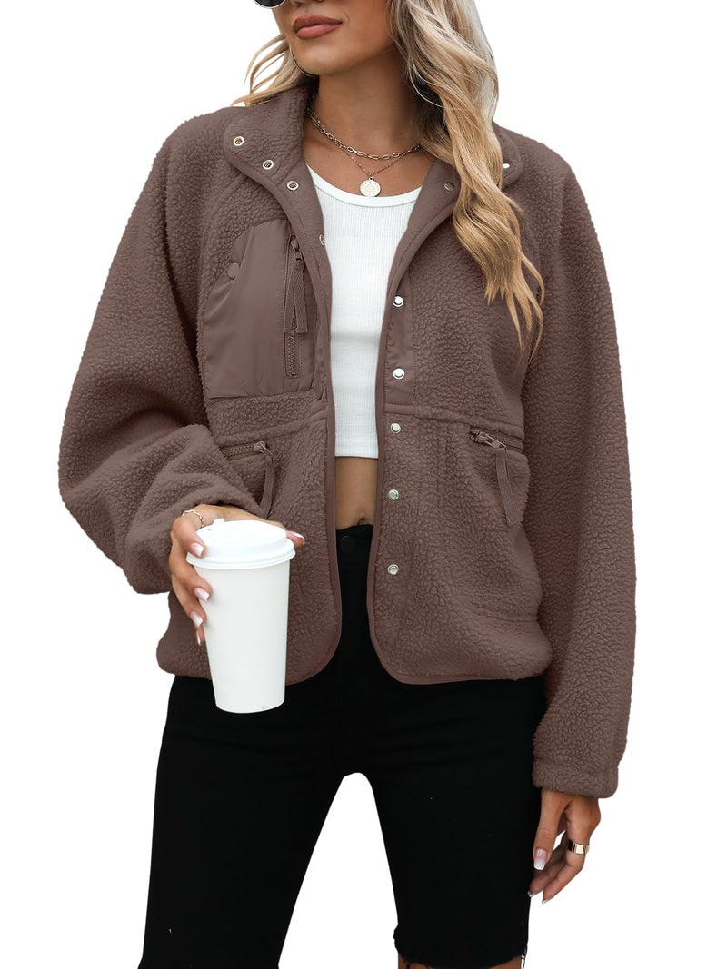 Yanekop Sherpa Jacket Women Fall Winter Faux Fur Coat Fuzzy Fleece Jacket Button Up Cozy Sweaters Warm Winter Clothes(A Dark Brown,S) - Image 1