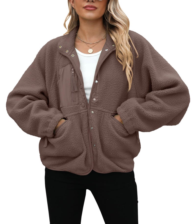 Yanekop Sherpa Jacket Women Fall Winter Faux Fur Coat Fuzzy Fleece Jacket Button Up Cozy Sweaters Warm Winter Clothes(A Dark Brown,S) - Image 3