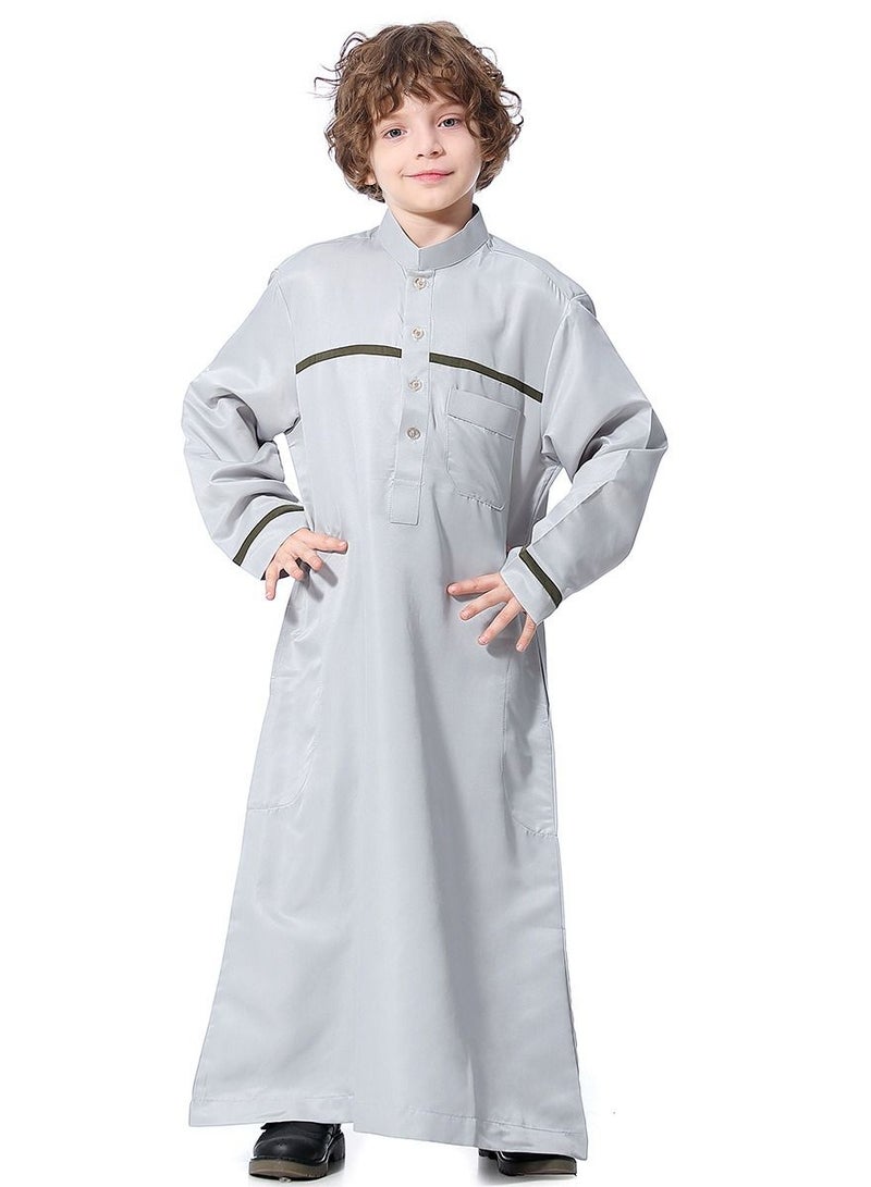 إسكدنيا Boys Concise Style Stand Collar Long Sleeve Abaya Robe Islamic Arabic Casual Kaftan Grey  - Image 1