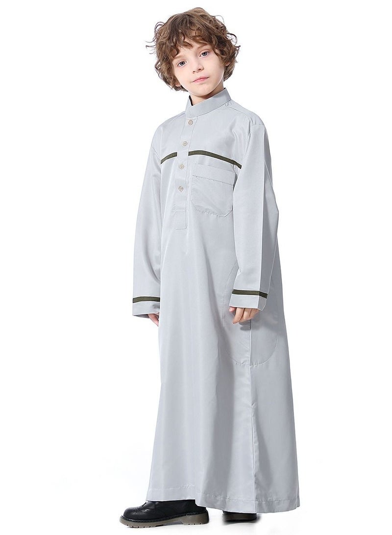 إسكدنيا Boys Concise Style Stand Collar Long Sleeve Abaya Robe Islamic Arabic Casual Kaftan Grey  - Image 2