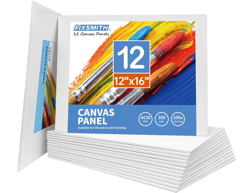 FIXSMITH Canvas Boards for Painting 12x16 Inch Super Value 12 Pack White Blank Canvas Panels 100 Cotton Primed Painting Art Supplies for Professionals Hobby Painters Students  Kids