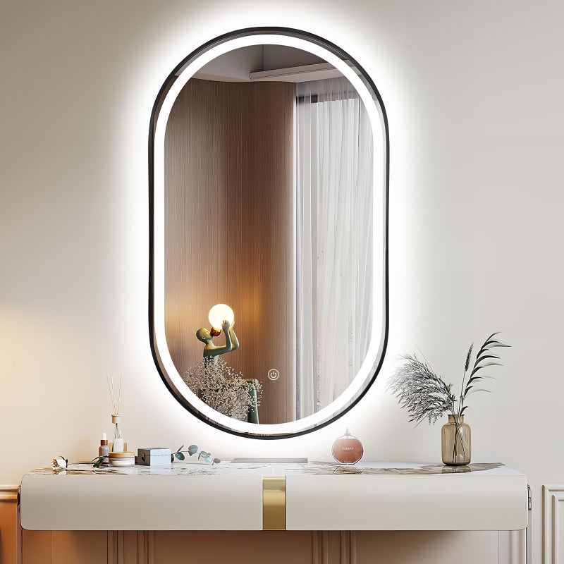 مرآة الحمام LED بيضاوية TheiaMo 40x24 مع إضاءة مثبتة على الحائط مع إطار معدني مضاد للضباب IP66 مقاوم للماء مرآة ذكية وظيفة الذاكرة أفقية أو عمودية سوداء