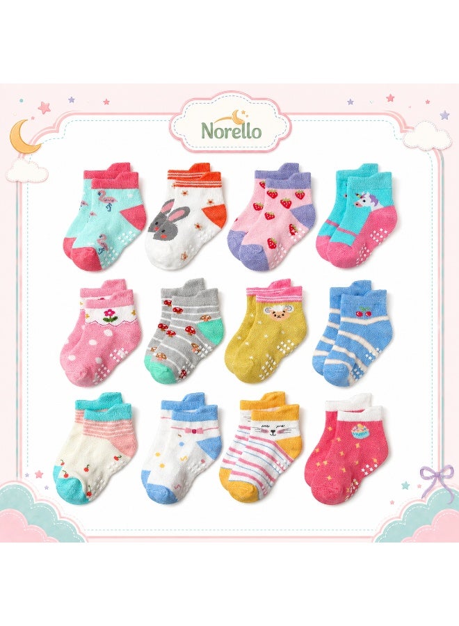 Norello Non Slip Kids Toddler Socks with Grippers Baby 12 Pairs Anti Skid Socks for Boys Girls 0-7 Year Children - Image 1