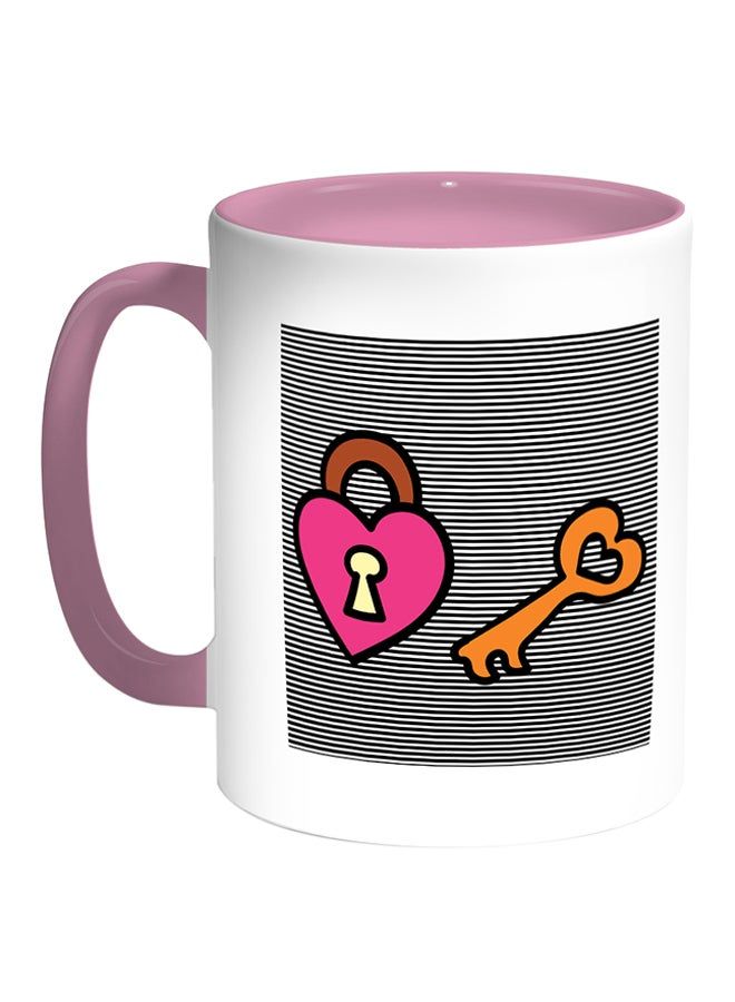 RKN Lock And Key Printed Coffee Mug White Pink 11 ounce - Image 1