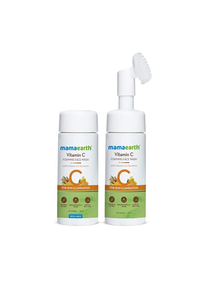 Mamaearth MAMAEARTH Vitamin C Foaming Face Wash with inBuilt Brush  Skin Illumination with Turmeric  Gentle  Hydrating Dead Skin Exfoliator  507 Fl Oz 150ml  150 ml of Refill Pack 