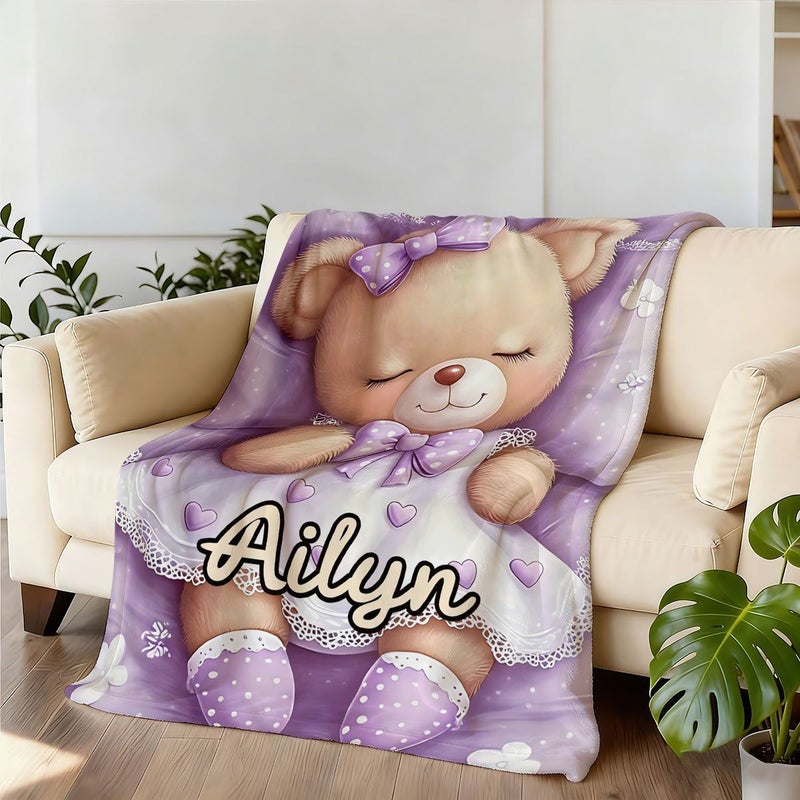 Custom Teddy Bear Blanket With Name Text 29.92x39.37 Inch Soft Flannel Throw For Couch Bed Travel Machine Washable - Image 2