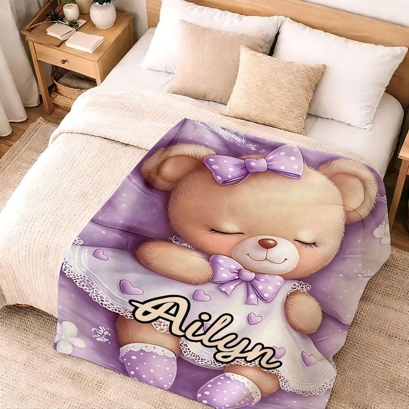 Custom Teddy Bear Blanket With Name Text 29.92x39.37 Inch Soft Flannel Throw For Couch Bed Travel Machine Washable - Image 4