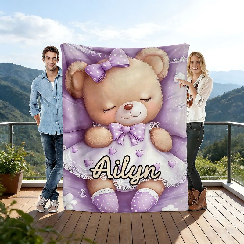 Custom Teddy Bear Blanket With Name Text 29.92x39.37 Inch Soft Flannel Throw For Couch Bed Travel Machine Washable - Image 1