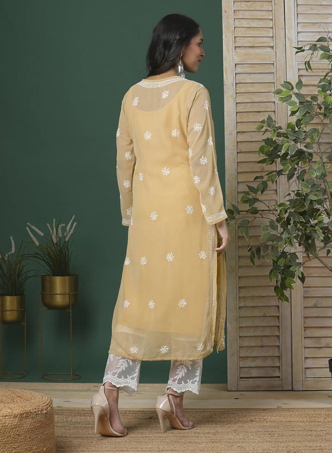 ADA Hand Embroidered Indian Chikankari Women's Faux Georgette Kurta Kurti with Slip A90352 (XL_Fawn) - Image 2