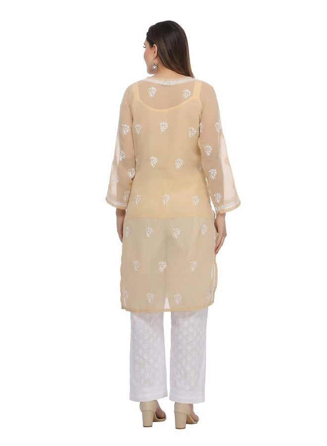 ADA Hand Embroidered Indian Chikankari Women's Faux Georgette Kurta Kurti with Slip A90352 (XL_Fawn) - Image 3