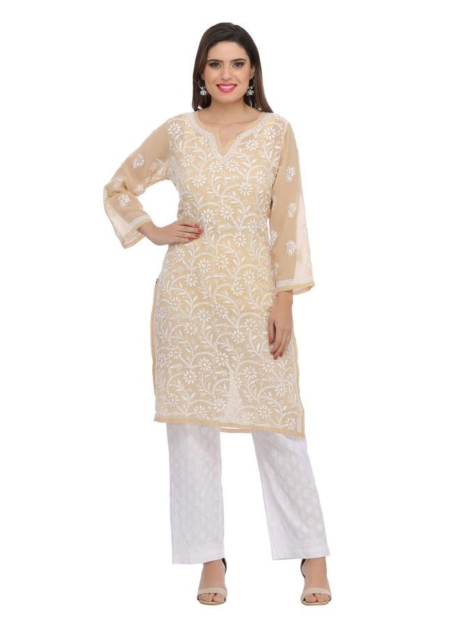 ADA Hand Embroidered Indian Chikankari Women's Faux Georgette Kurta Kurti with Slip A90352 (XL_Fawn) - Image 1
