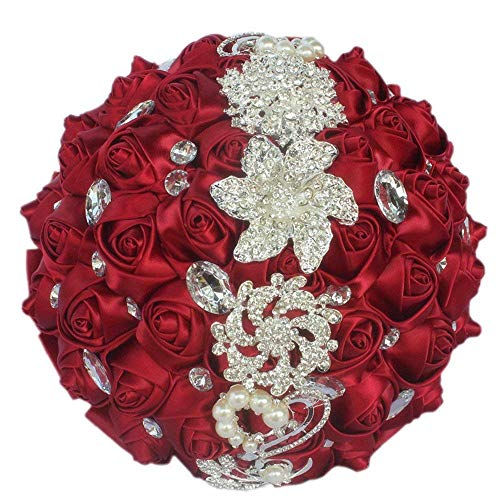 Flonding Wedding Bouquets Crystal Satin Rose Bride Bridal Bouquet Romantic Bridesmaid Holding Flower for Valentines Day Confession Party Church Decor Wine Red