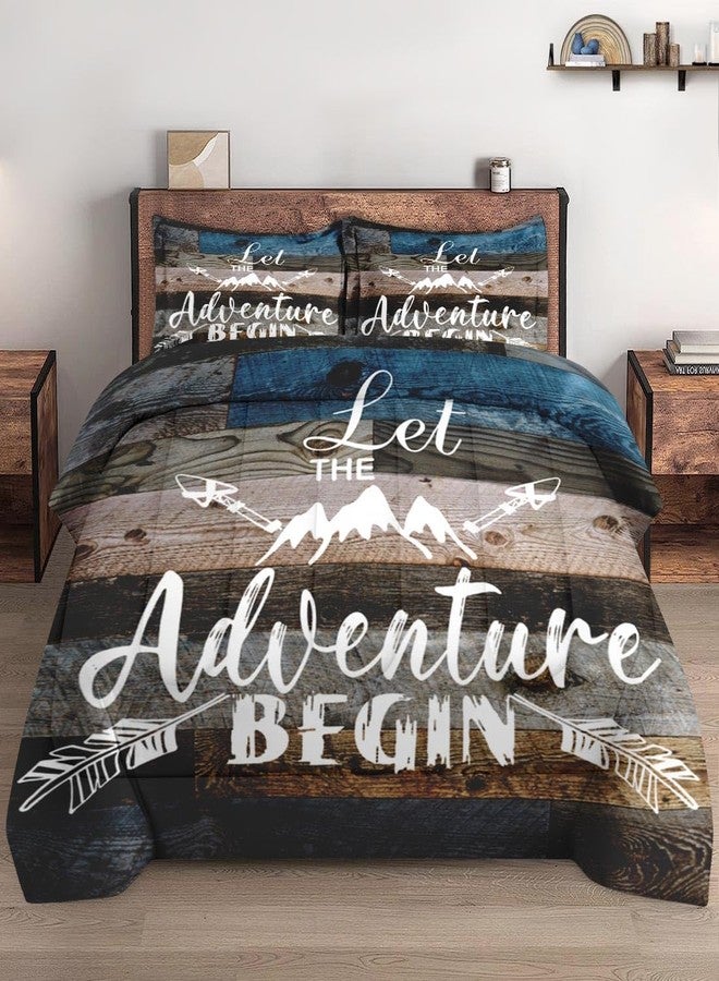 WeCozy Queen Size Comforter Set with 2 Pillowcases, Camp Adventure Motivational 3 Pcs Bedding for Kids and Adults, Vintage Inspirational World Soft Comforter Set for Bedroom Bed Decor - Image 1