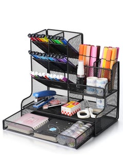 Cozy Nest Multi Functional Mesh Desk Organizer with Drawer and 12 Compartments for Office Home School Supplies Pen Holder Stationery Makeup Organizer and Small Item Storage Organizer Black Metal Design  - Image 1