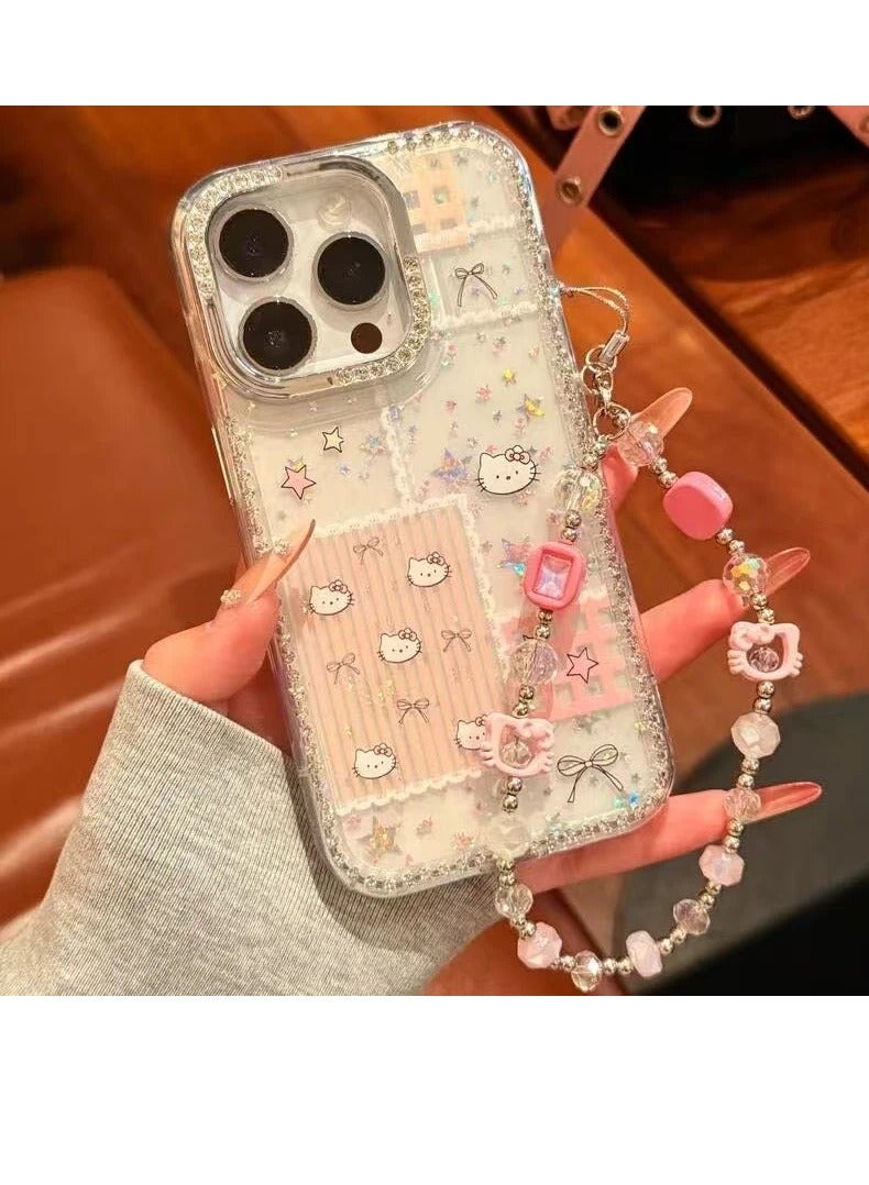 NIBEMINENT Bow Tie Stripes Protective TPU Case Cover For iPhone 17 Pro, Flash Diamond Kitty Bracelet