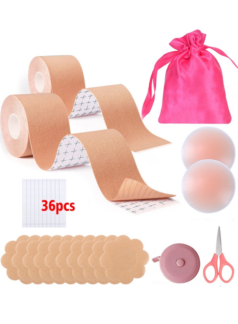 يوجي 2PCS شريط الثدي ، 5 م شريط الثدي لفرة طويلة ، 36 قطعة شريط مزدوج الجانب للملابس والجسم مع 2 قطعة قابلة لإعادة الاستخدام غطاء الحلمة ، مقص وشريط قياس لاصق شريط رفع بدون حزام لكأس A-G بيج - Image 1