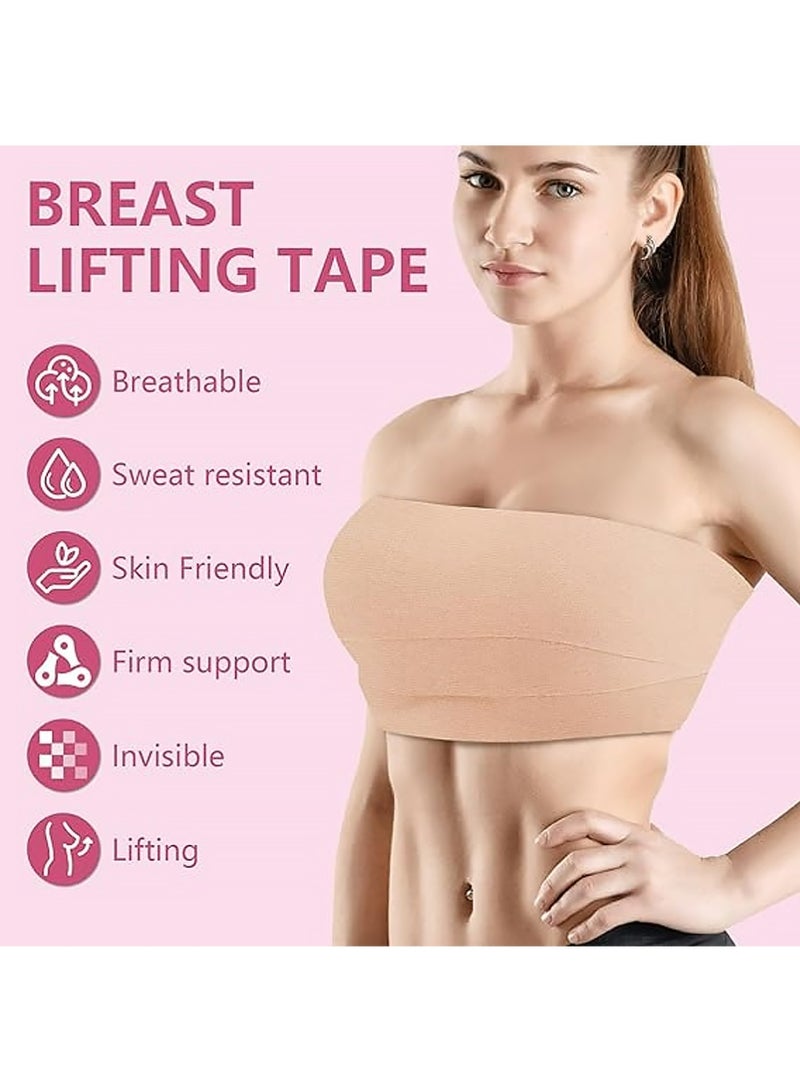 يوجي 2PCS شريط الثدي ، 5 م شريط الثدي لفرة طويلة ، 36 قطعة شريط مزدوج الجانب للملابس والجسم مع 2 قطعة قابلة لإعادة الاستخدام غطاء الحلمة ، مقص وشريط قياس لاصق شريط رفع بدون حزام لكأس A-G بيج - Image 2