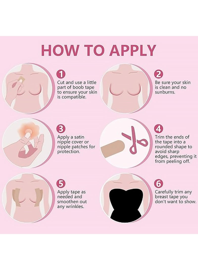 يوجي 2PCS شريط الثدي ، 5 م شريط الثدي لفرة طويلة ، 36 قطعة شريط مزدوج الجانب للملابس والجسم مع 2 قطعة قابلة لإعادة الاستخدام غطاء الحلمة ، مقص وشريط قياس لاصق شريط رفع بدون حزام لكأس A-G بيج - Image 4