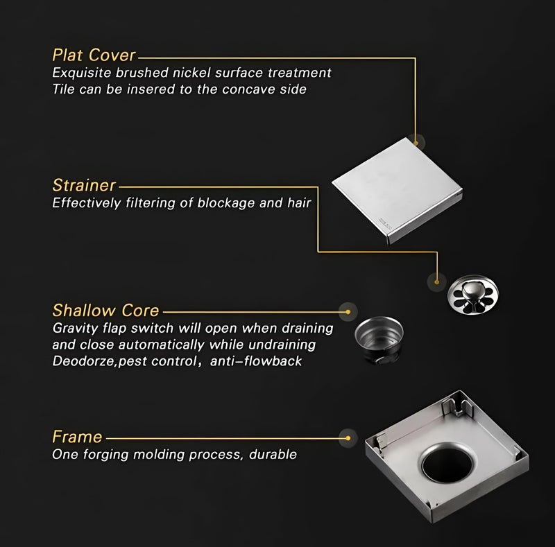 CARNIVAL Square 6x6 Tile Insert Floor Drain | 304 Stainless Steel Invisible Shower Drain Channel | 6 x 6 Inches Waste Water Floor Drain for 13mm Tile | Drain Channel with Anti Cockroach Trap - Image 5
