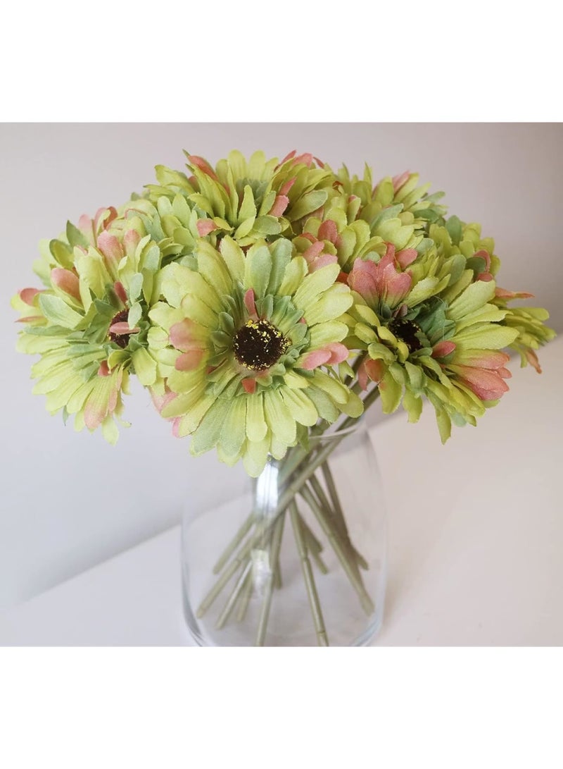 SOLARAE 15 Pcs Artificial Silk Daisy Flowers Fake Gerbera Flowers Bridal Wedding Bouquet for Home Wedding Party DIY Centerpiece Decorations (Green) - Image 2