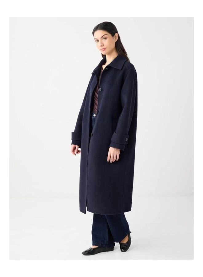 Jimmy Key Navy Shirt Collar Wool-Blend Relaxed-Fit Woven Coat.