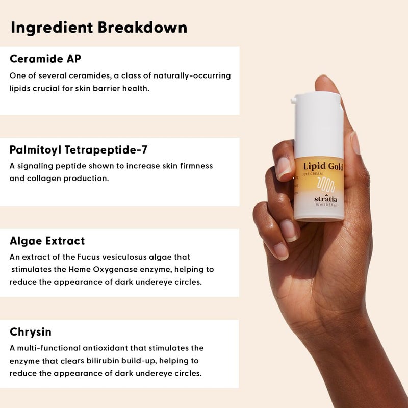 Stratia Lipid Gold Eye Cream Moisturizer and Anti-Aging Skincare for Dark Circles, Fine Lines, Wrinkles, and Under-Eye Brightening, 0.5 fl. oz - Image 4