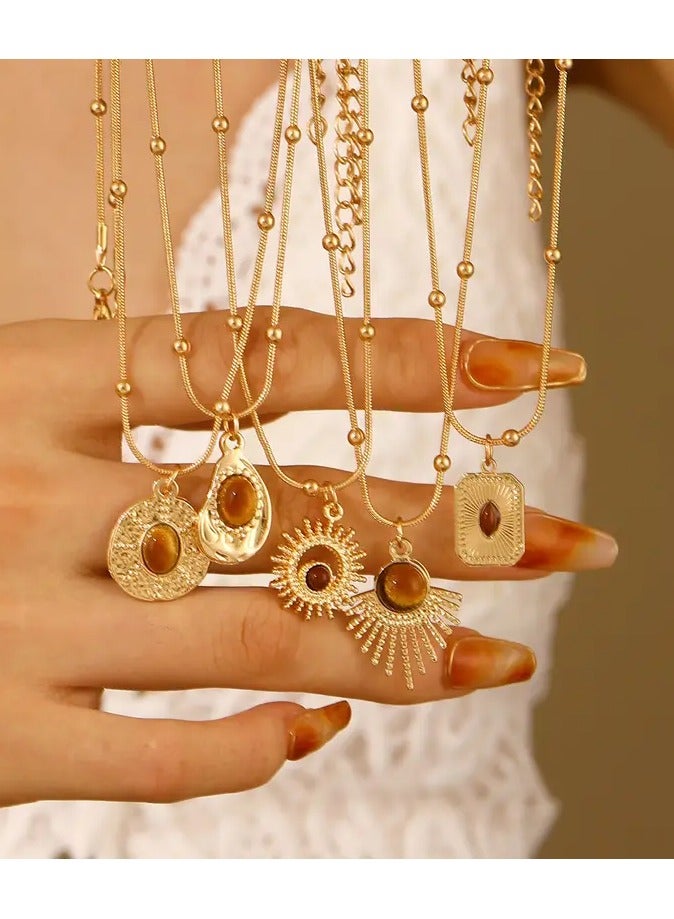 Home Clearance Sale 1pc Vintage Brown Synthetic Gemstone Pendant Necklace, Luxury Classic Style Sweater Chain Accessory for Women - Image 4