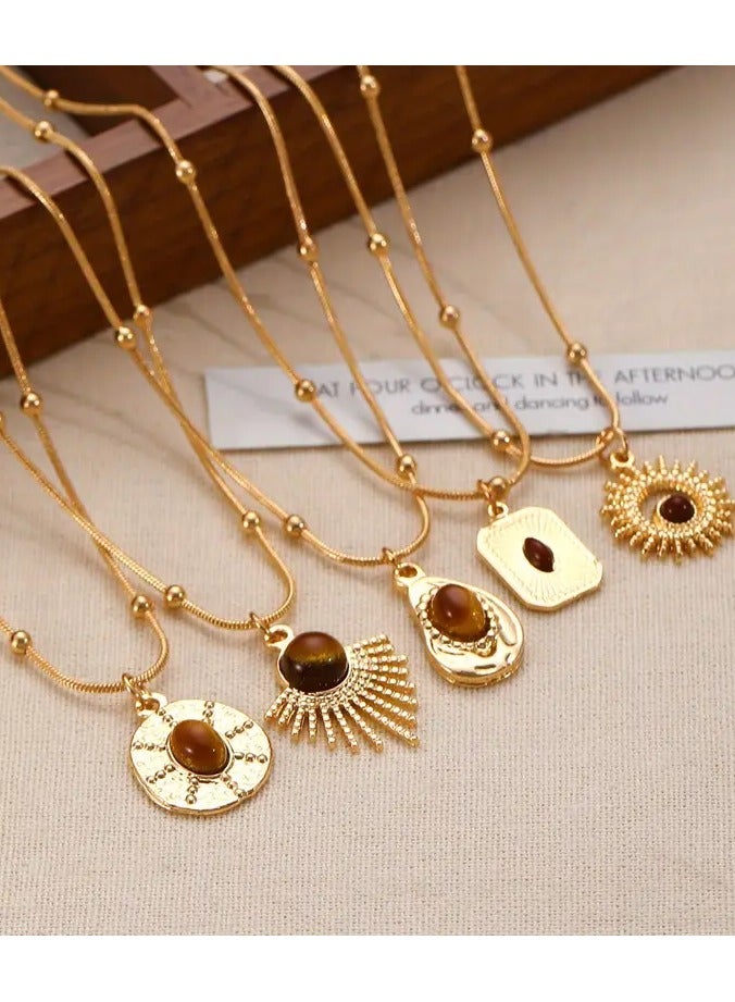 Home Clearance Sale 1pc Vintage Brown Synthetic Gemstone Pendant Necklace, Luxury Classic Style Sweater Chain Accessory for Women - Image 2