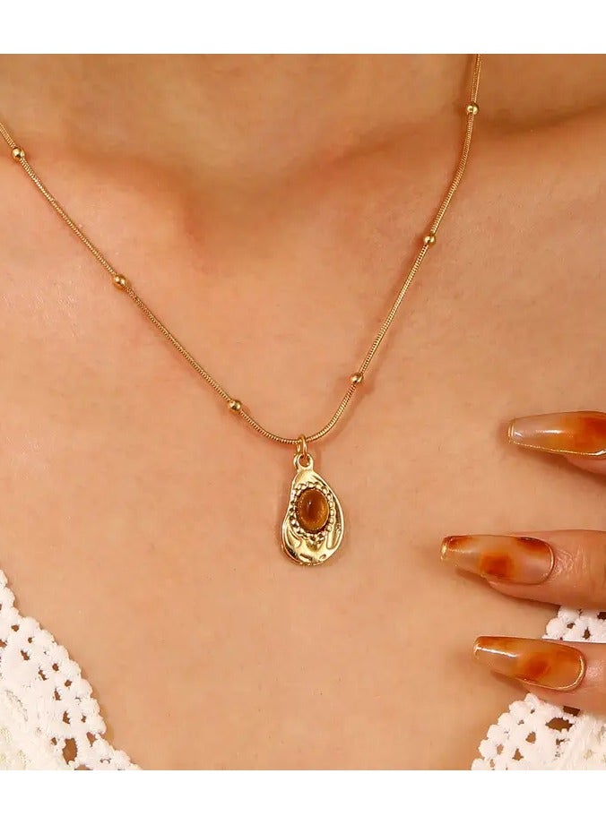 Home Clearance Sale 1pc Vintage Brown Synthetic Gemstone Pendant Necklace, Luxury Classic Style Sweater Chain Accessory for Women - Image 1
