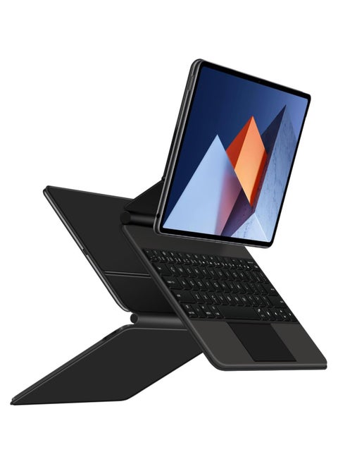 غلاف لوحة مفاتيح عربية ذكي بلوتوث ساحر، متوافق مع جهاز HUAWEI MateBook E 2023 بحجم 12.6 بوصة والرقم الموديلي DRR - W76. ويأتي هذه اللوحة مفاتيح مزودة براوتباد (مسحة لمس للماوس) ولوحة مفاتيح بألوان RGB.