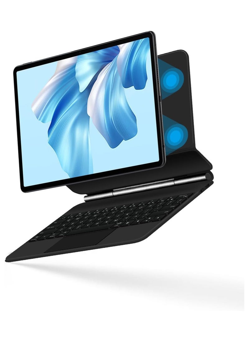 غلاف لوحة مفاتيح عربية ذكي بلوتوث ساحر، متوافق مع جهاز HUAWEI MateBook E 2023 بحجم 12.6 بوصة والرقم الموديلي DRR - W76. ويأتي هذه اللوحة مفاتيح مزودة براوتباد (مسحة لمس للماوس) ولوحة مفاتيح بألوان RGB.