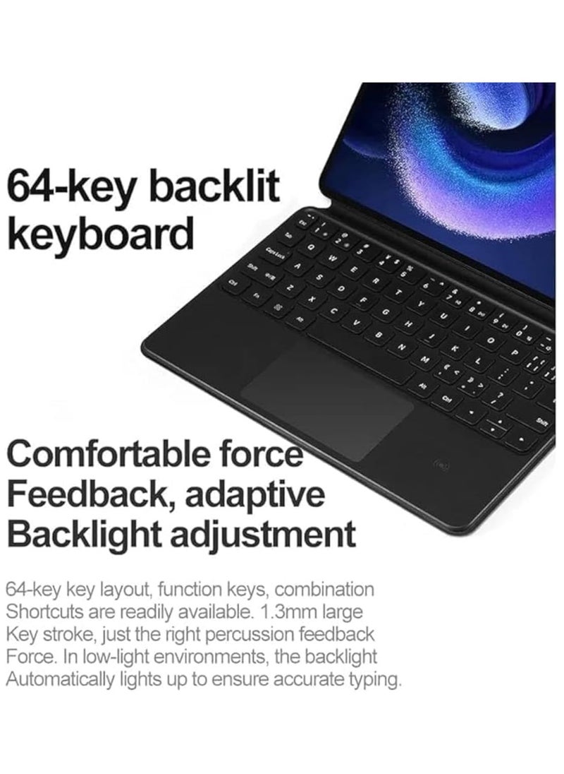 غلاف لوحة مفاتيح عربية ذكي بلوتوث ساحر، متوافق مع جهاز HUAWEI MateBook E 2023 بحجم 12.6 بوصة والرقم الموديلي DRR - W76. ويأتي هذه اللوحة مفاتيح مزودة براوتباد (مسحة لمس للماوس) ولوحة مفاتيح بألوان RGB.