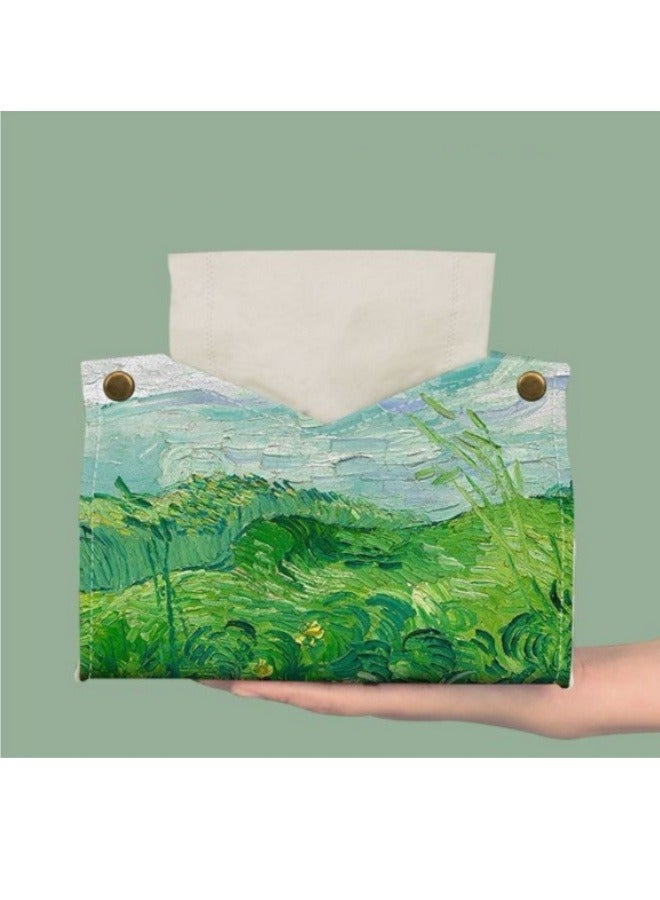 Green Wheat Field Oil Painting Pattern Tissue Box Creative Desktop Paper Box Living Room Home Storage Restaurant Paper Box - Image 1
