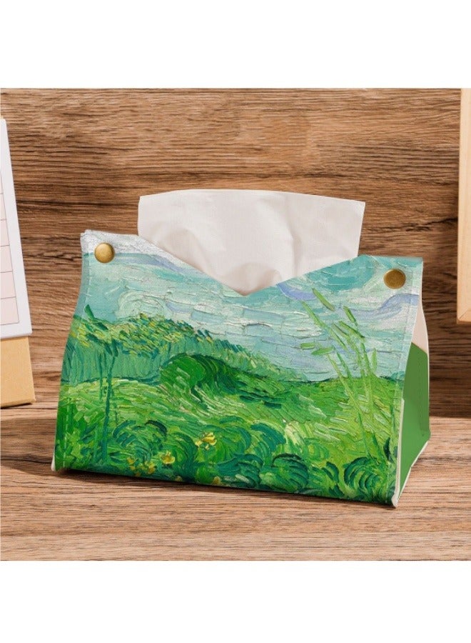 Green Wheat Field Oil Painting Pattern Tissue Box Creative Desktop Paper Box Living Room Home Storage Restaurant Paper Box - Image 2