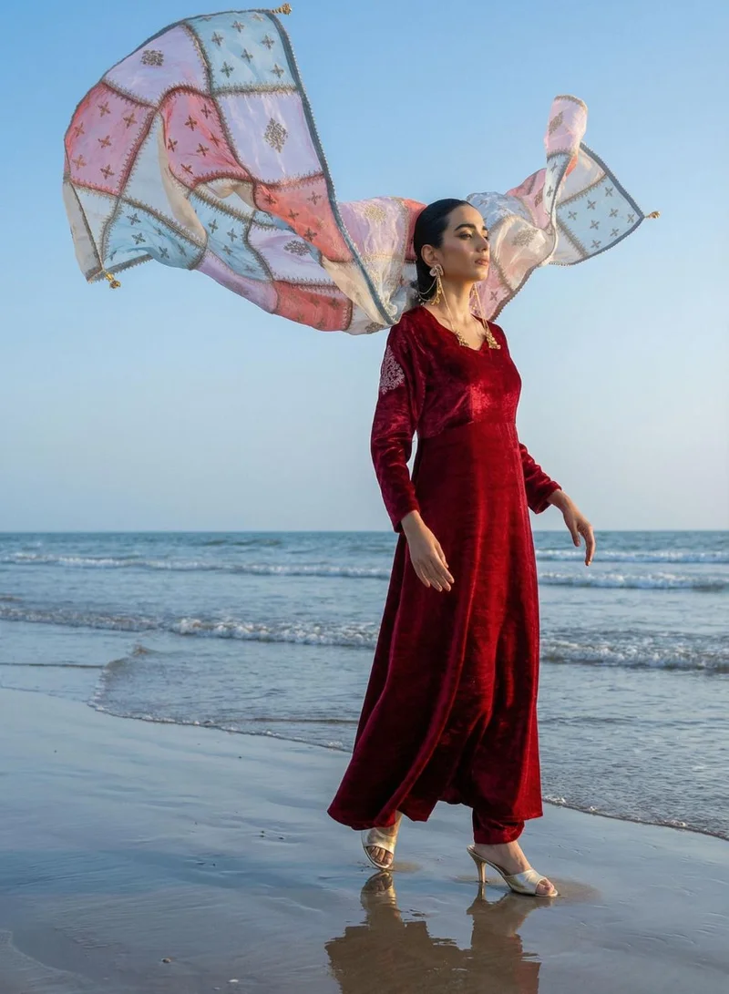 ISHIN Rich Maroon Organza Patchwork Embroidered Anarkali Kurta Set