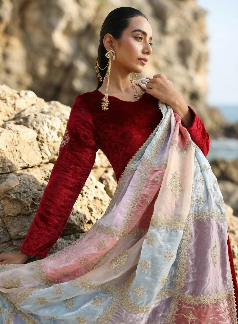 ISHIN Maroon Rich Maroon Organza Patchwork Embroidered Anarkali Kurta Set for Women | Best Price UAE