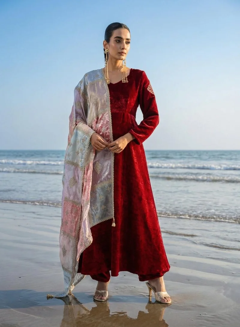 ISHIN Maroon Rich Maroon Organza Patchwork Embroidered Anarkali Kurta Set for Women | Best Price UAE