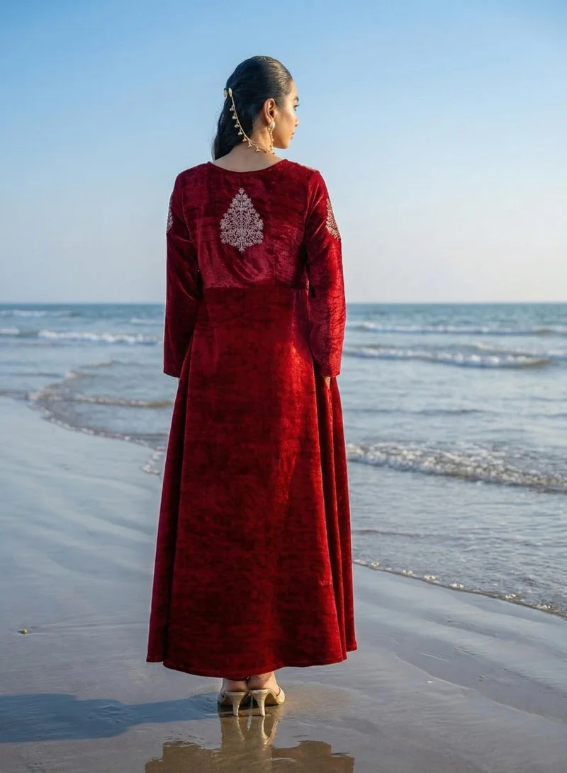 ISHIN Maroon Rich Maroon Organza Patchwork Embroidered Anarkali Kurta Set for Women | Best Price UAE